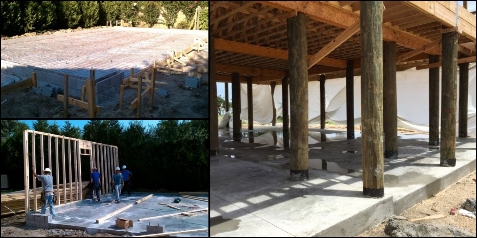 Collage of two construction photos showing a slab foundation with framing going up and one photo of a wood piling foundation secured by concrete slabs in Pensacola,