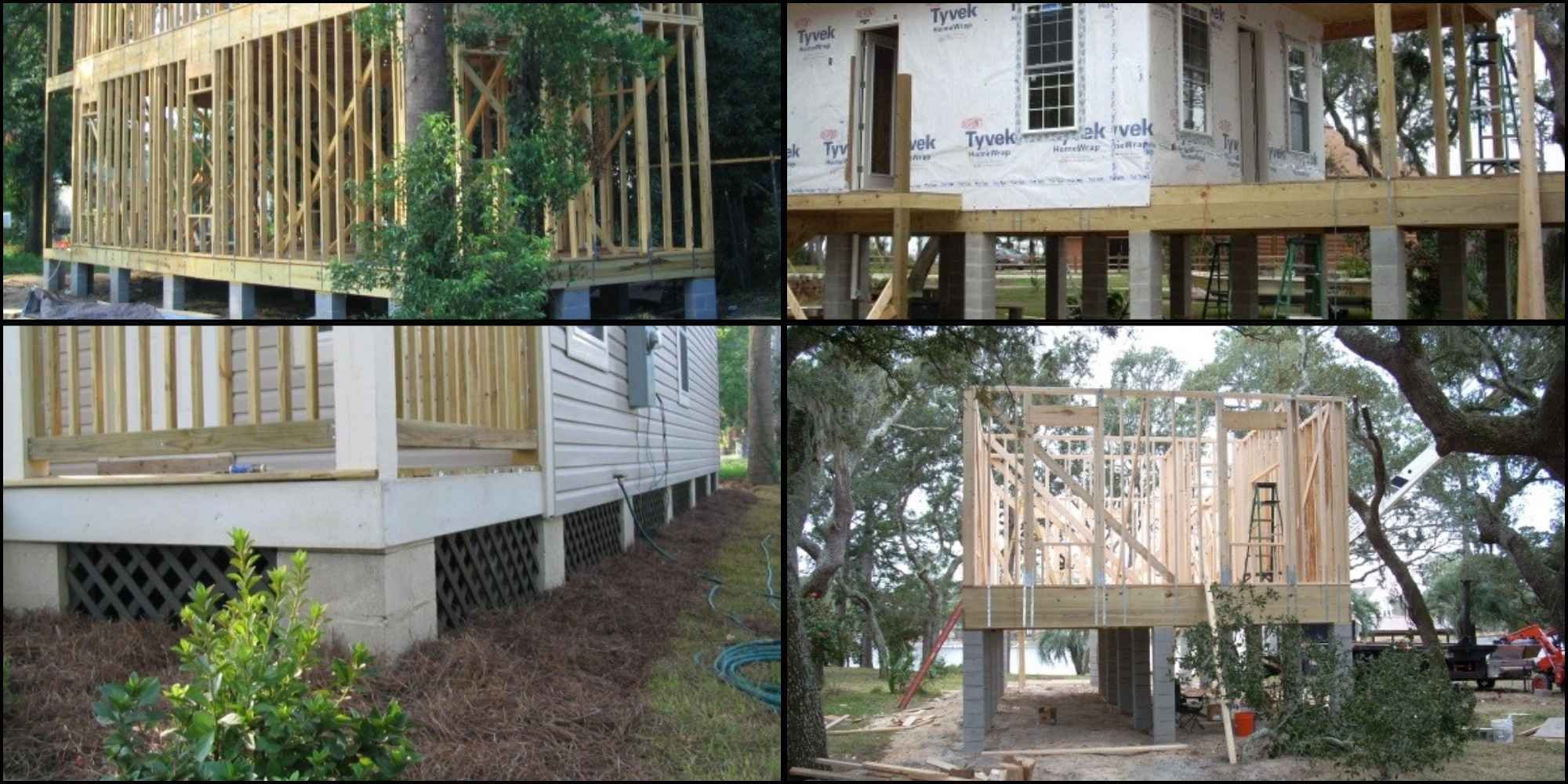 A collage of piling foundation construction showing two different homes with different pile heights in Pensacola, FL by Urban Infill.