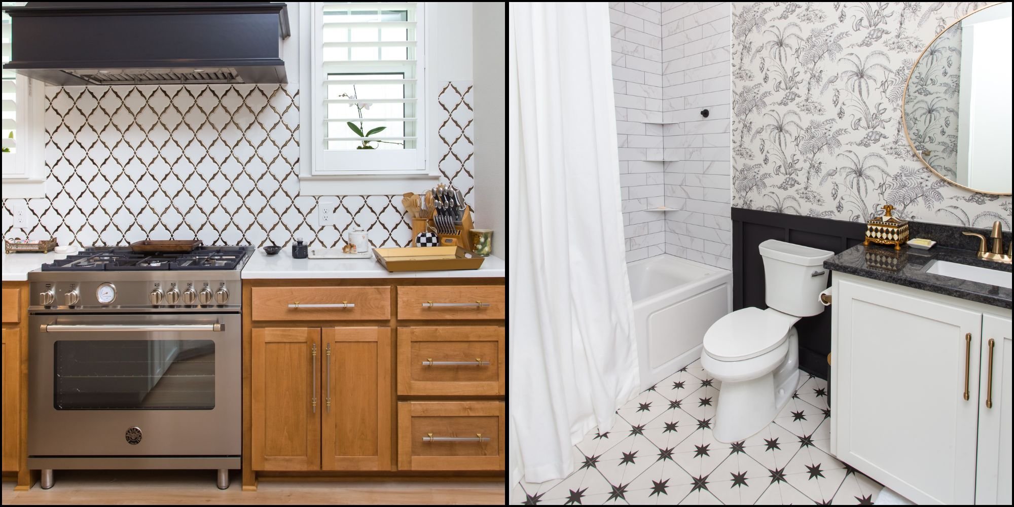Side-by-side kitchen remodel with a gas stove, wood cabinetry, and tile backsplash, and a bathroom remodel with tile floor, wallpaper, and tile shower surround by Urban Infill