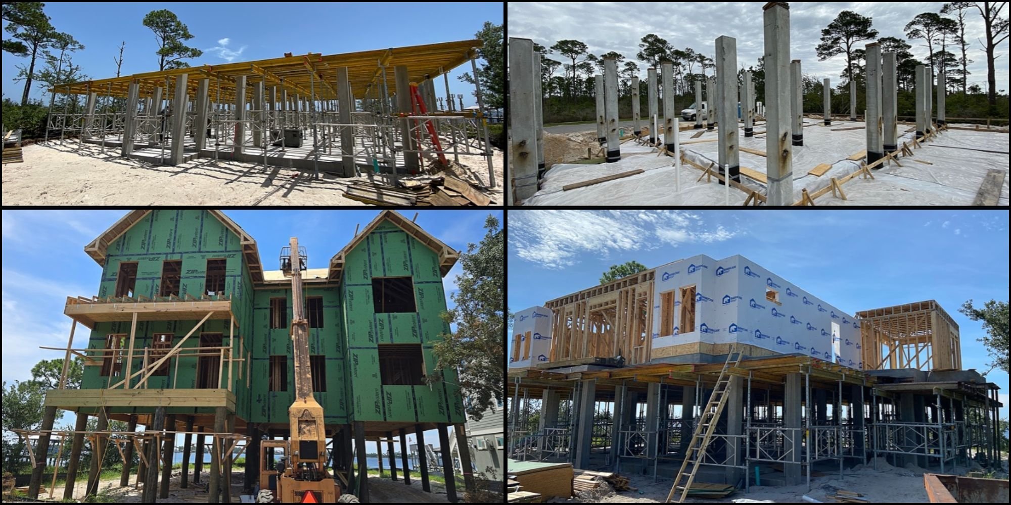 A collage of piling foundation construction showing two different homes with different pile heights in Pensacola, FL by Urban Infill.